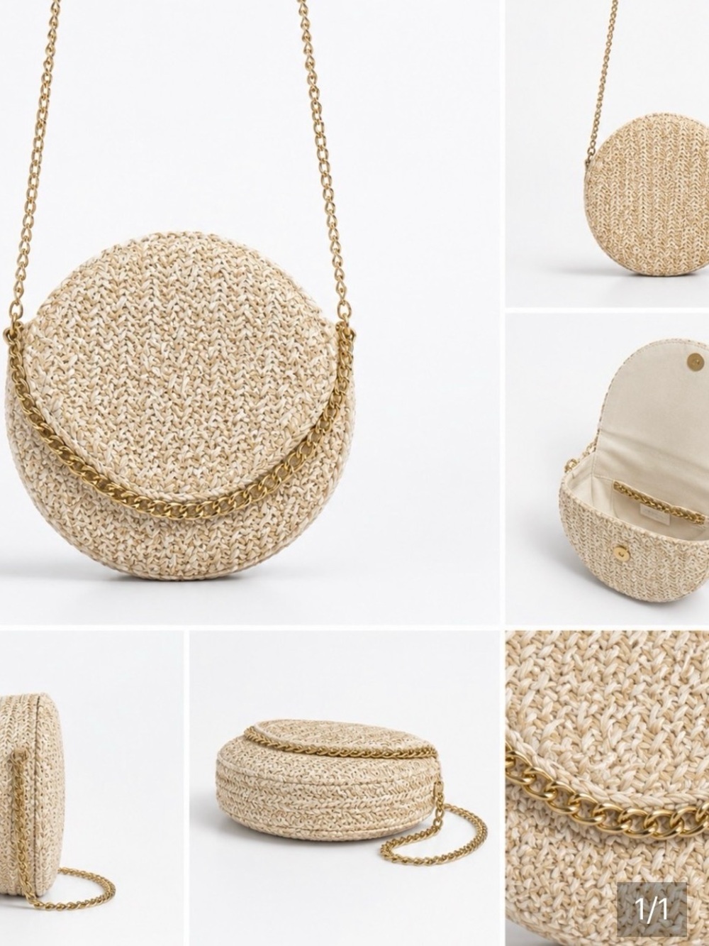 Round Woven Crossbody Bag with Gold Chain - Beige